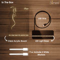 Product packaging with clear acrylic board, LED light base, USB wire, and markers.