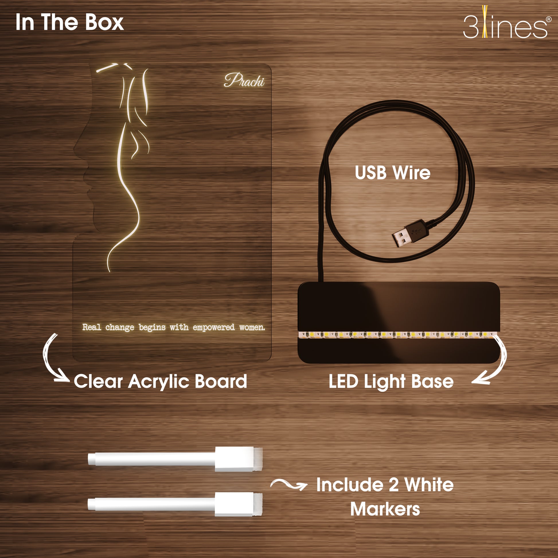 Product packaging with clear acrylic board, LED light base, USB wire, and markers.