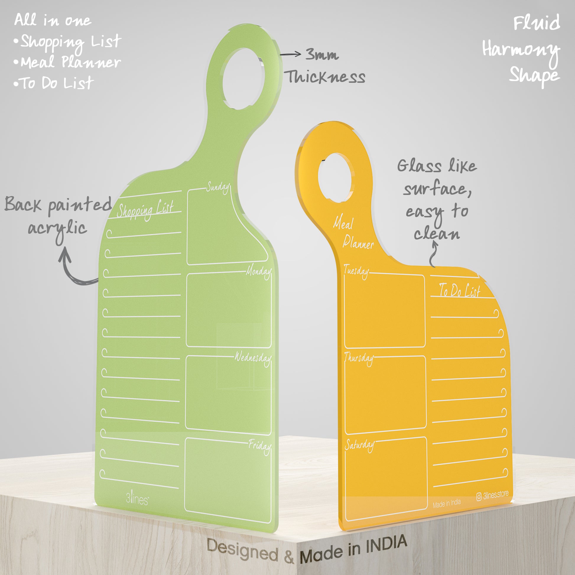 Two acrylic boards, one green and one yellow, with text describing their features on a light gray background.