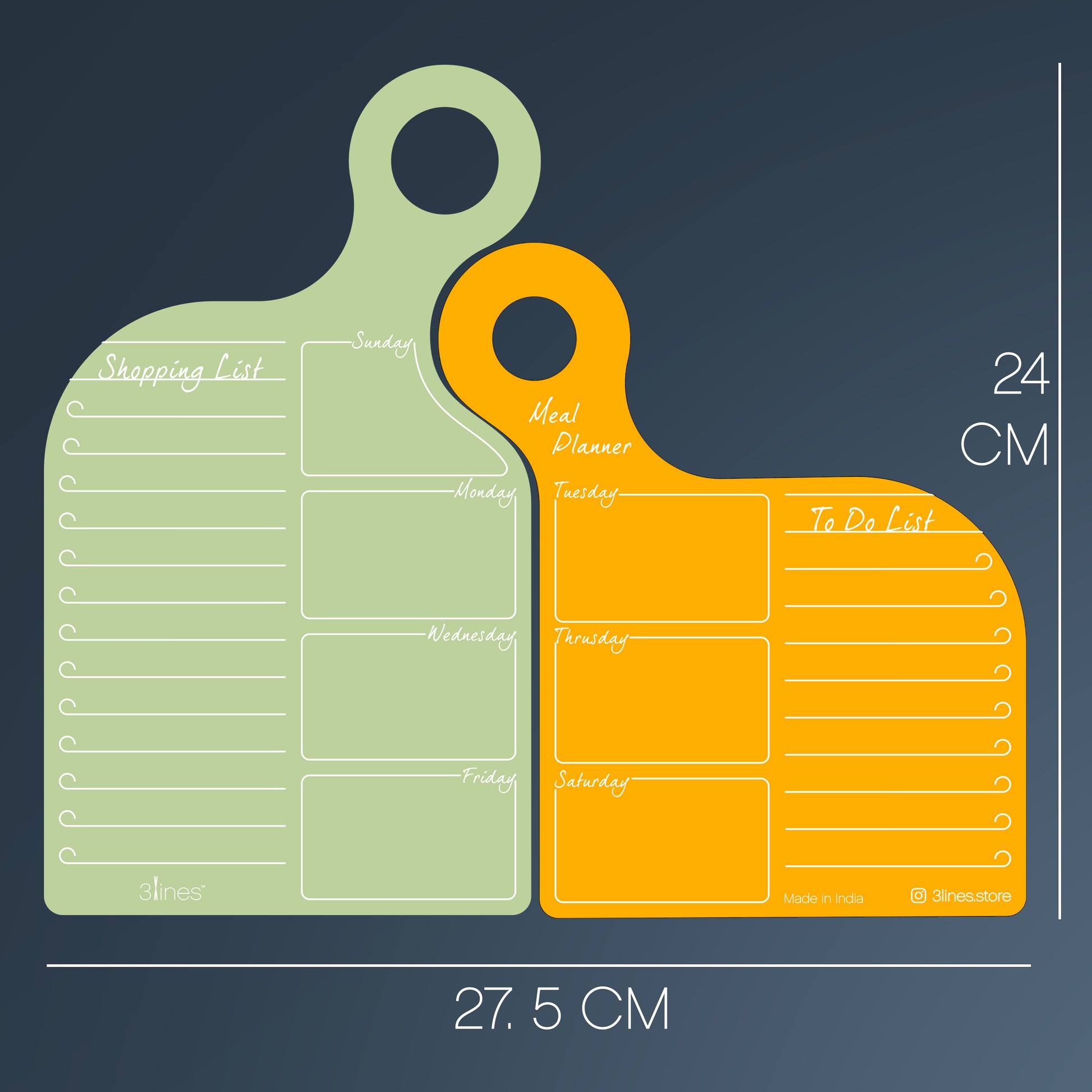 Two magnetic boards, one green and one orange, with planning and to-do list functions on a dark blue background.