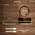 Product packaging with components including a clear acrylic board, LED light base, USB wire, and markers.