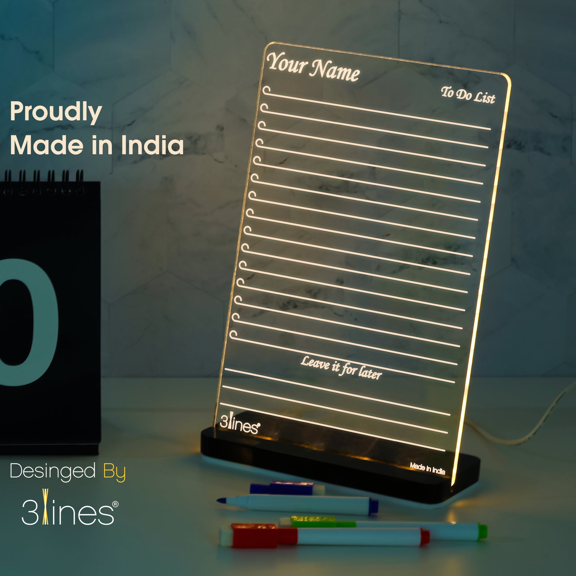 Light-up board with writing surface, markers, and 'Proudly Made in India